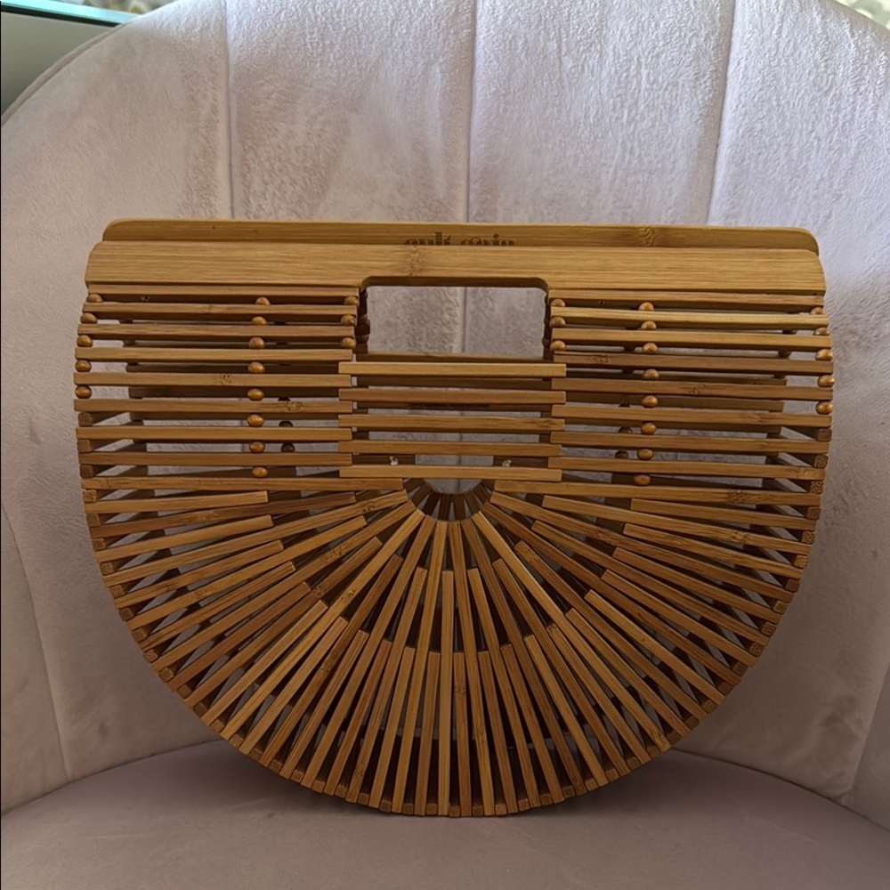 Cult Gaia Tan Bamboo Clutch with Semi-Circular Design
